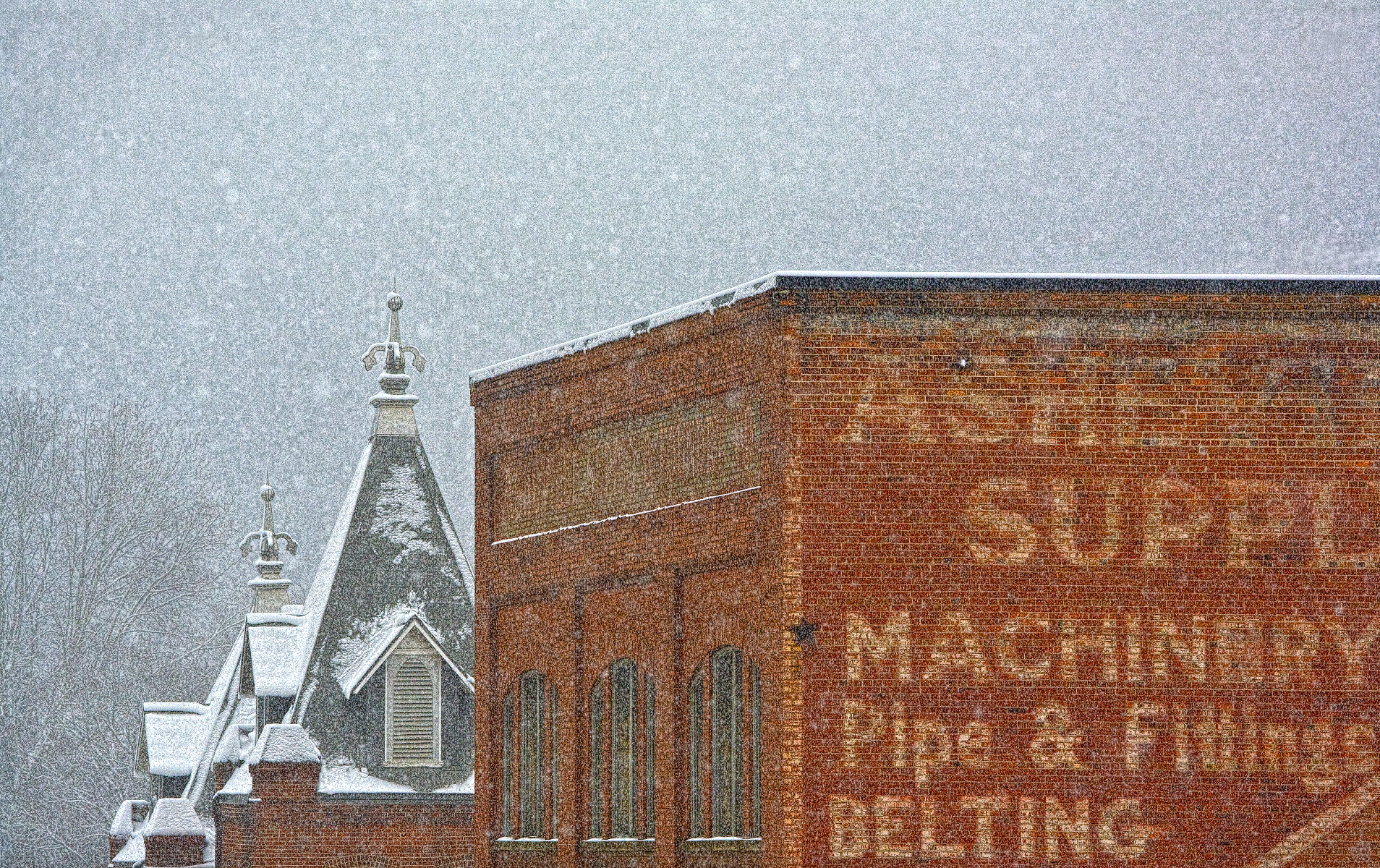 "Asheville Supply" Old Wall Sign and Steeple in Snow, Asheville, NC