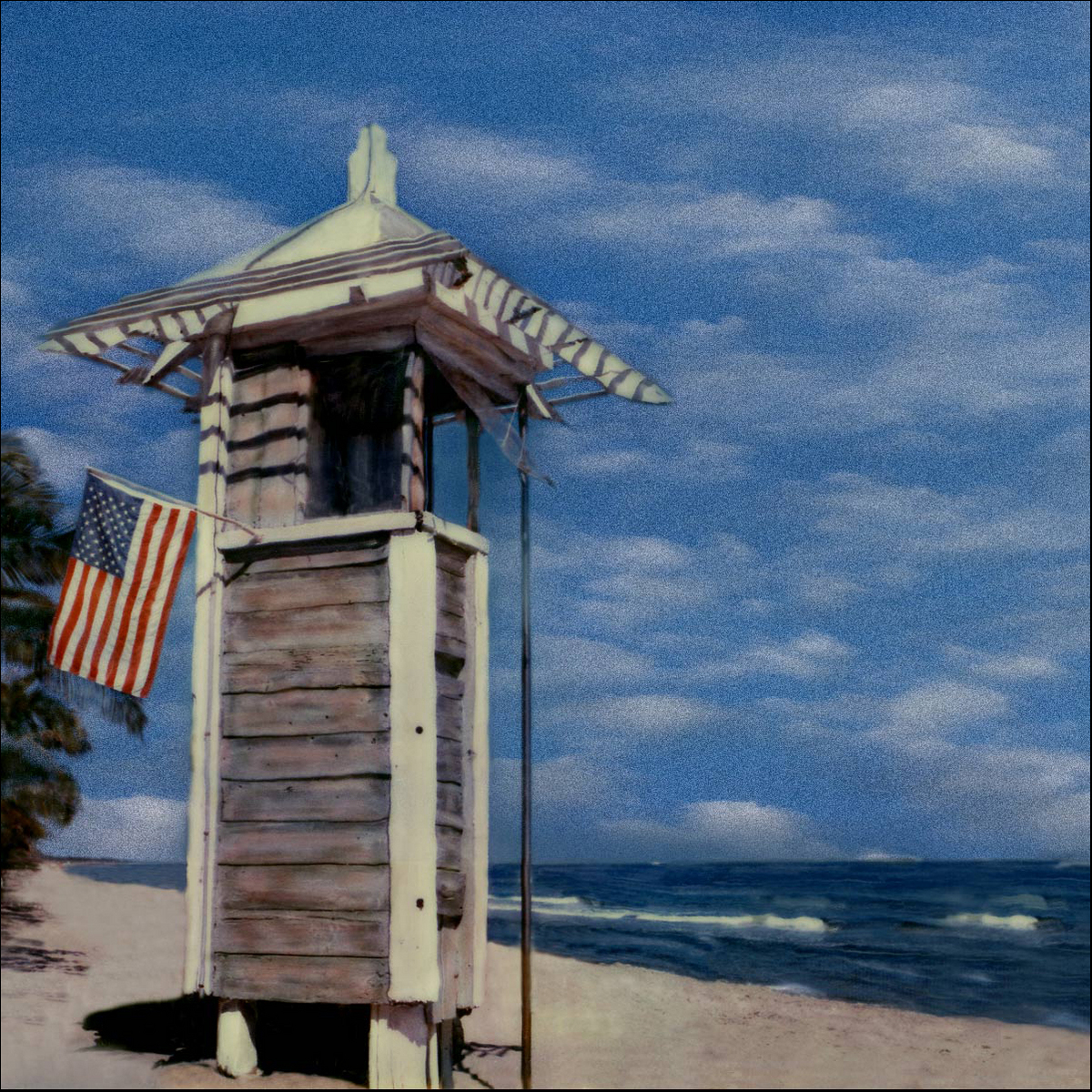 "Old-Style Lifeguard Stand with American Flag" <br>Last of the Retro Stands to be removed from Ft Lauderdale Beach, FL