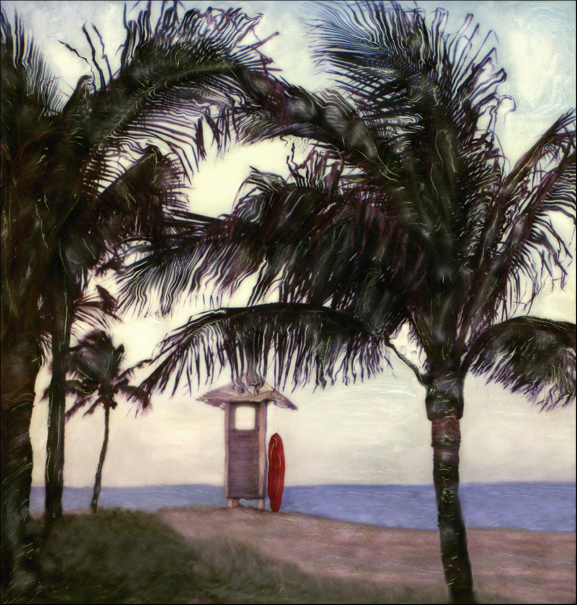 "Looking North on Ft Lauderdale Beach" <br>View of Lifeguard Stand and Surf Board through Palms
