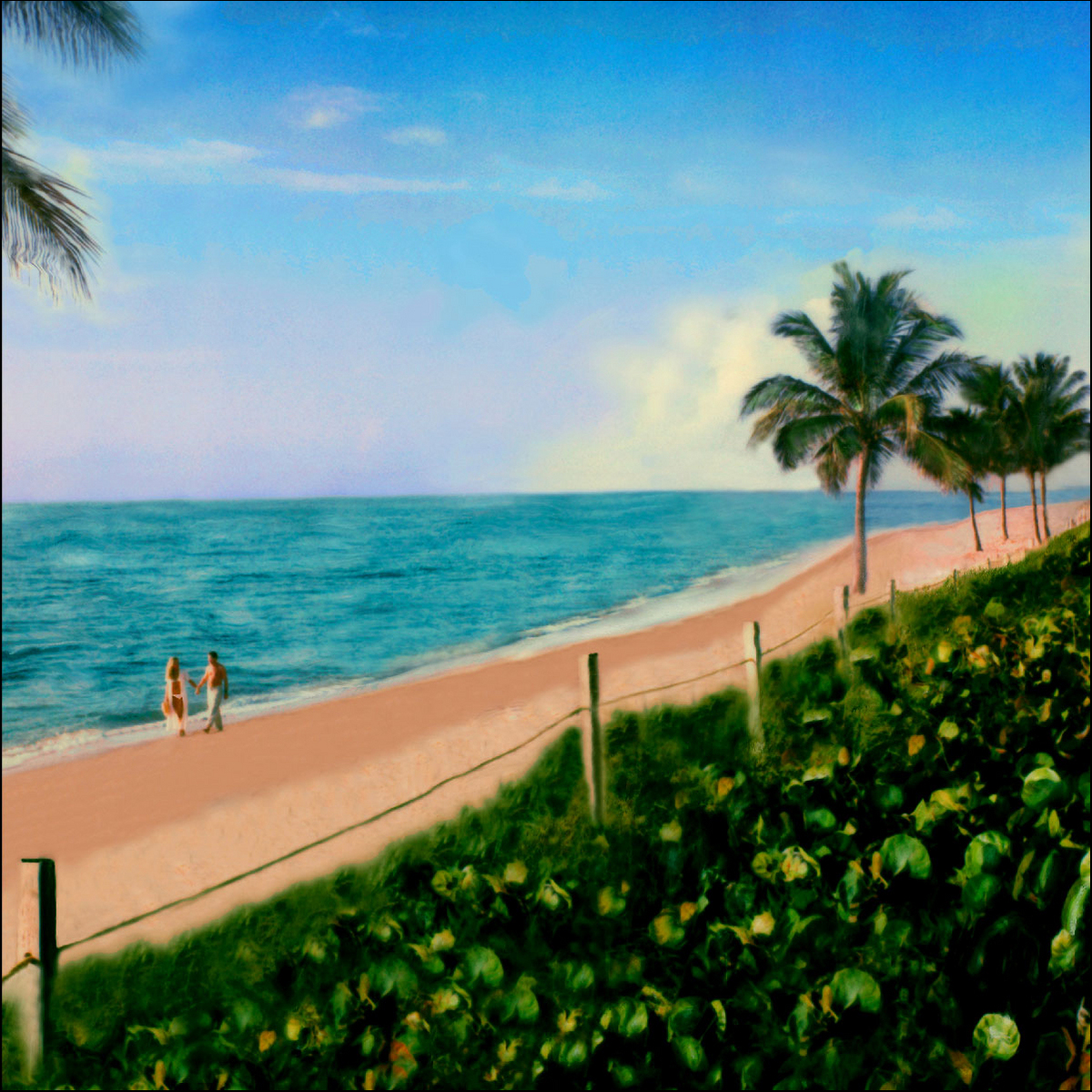 "Couple Strolling in Sand"<br> Sea Grapes and Palms, Hollywood Beach, FL