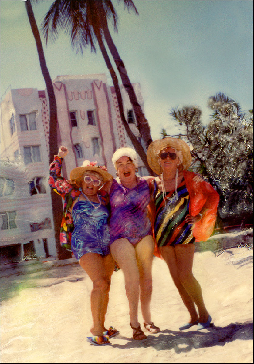 "The Girls" <br>Women in Bathing Caps, Sun Hats and Swimsuits, Art Deco Building, Miami Beach, FL