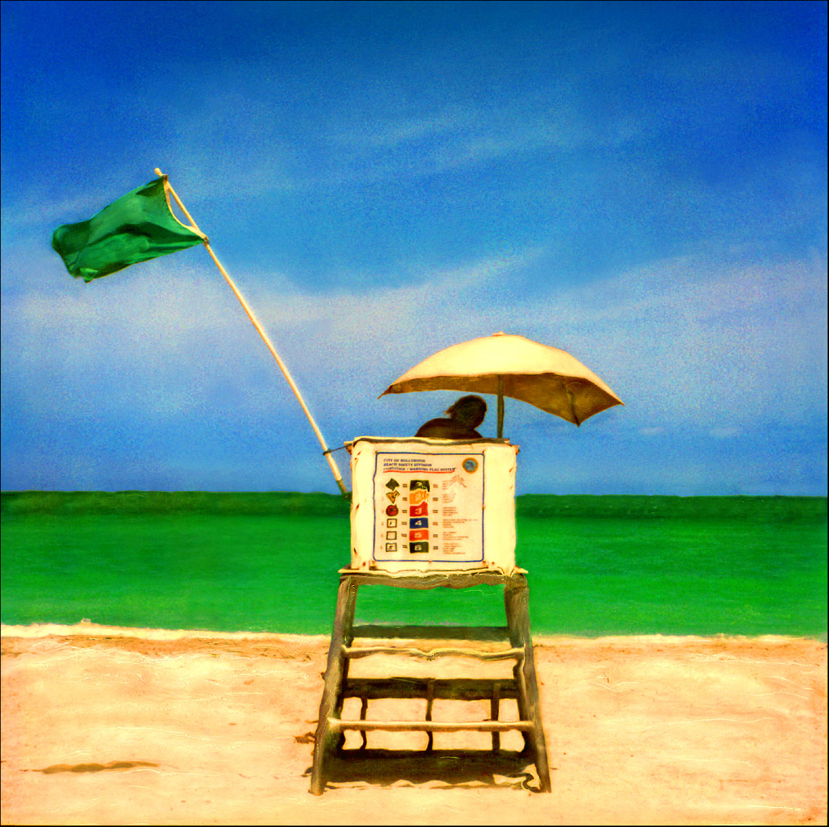 "Lifeguard Stand with Green Flag" <br>Green Water, Blue Sky, Hollywood Beach, FL