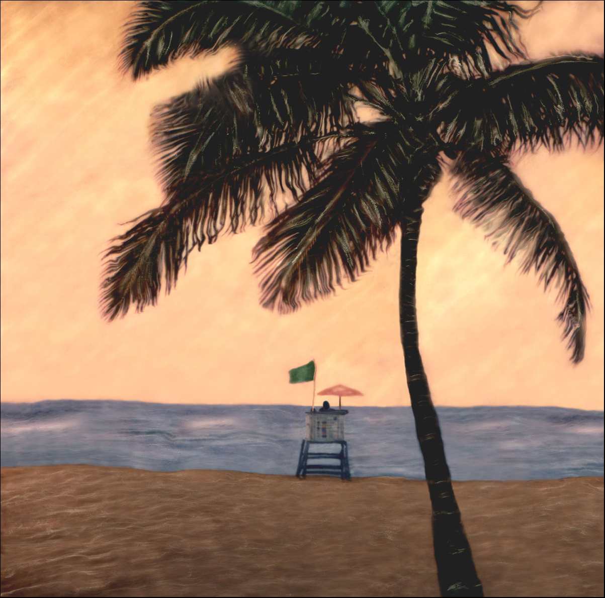 "Lifeguard Stand  and Palm Tree" <br> Pink Sky and Umbrella, Hollywood Beach, FL