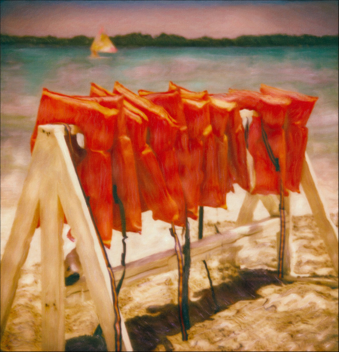 "Life Preservers on Beach"<br> Sail Boat in Water-Jamaica