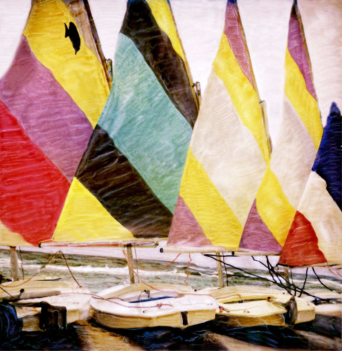 "Five Sailfish Boats" <br> Colorful sails,  Jamaica