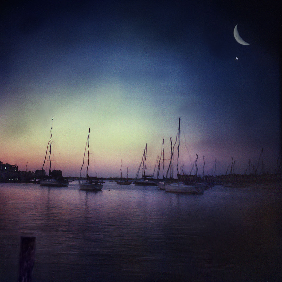 "Moonlight Marina" <br> Sailboats at Dinner Key Marina with Crescent Moon, Miami, FL