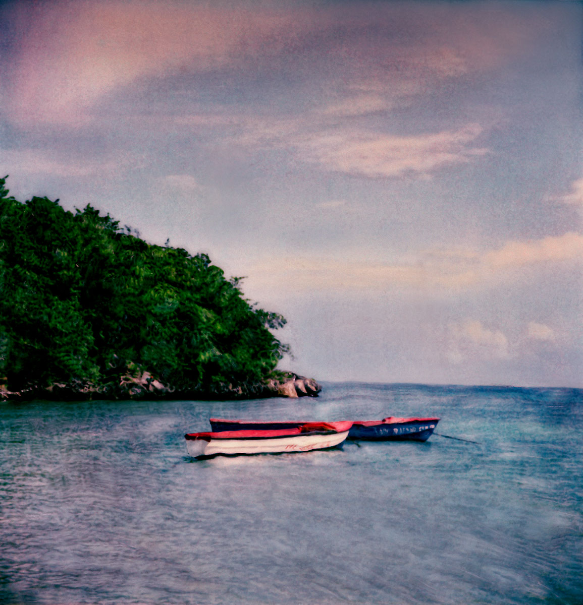 "Boats and Mountain" <br>Colorful Rowboats in Seascape Jamaica