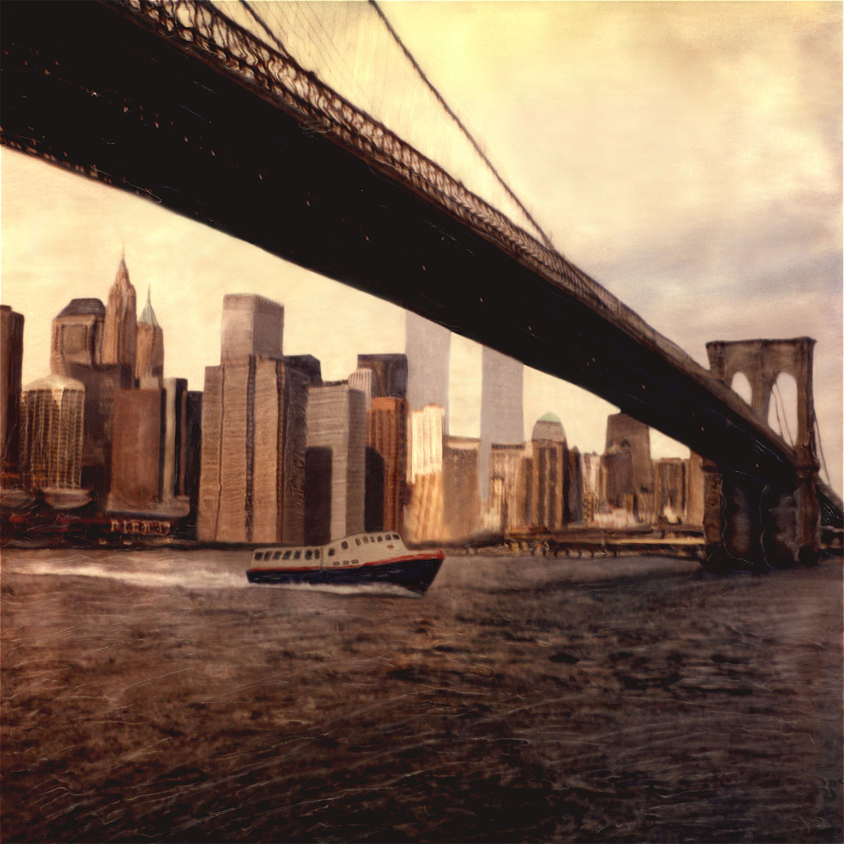 "Brooklyn Bridge" <br>Tour Boat under Bridge, World Trade Center in Background, View from Brooklyn, NY