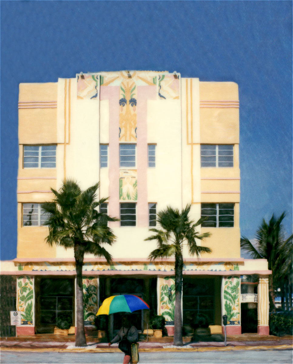"Art Deco Hotel"<br> Woman Walking with Shade Umbrella, Miami Beach, FL