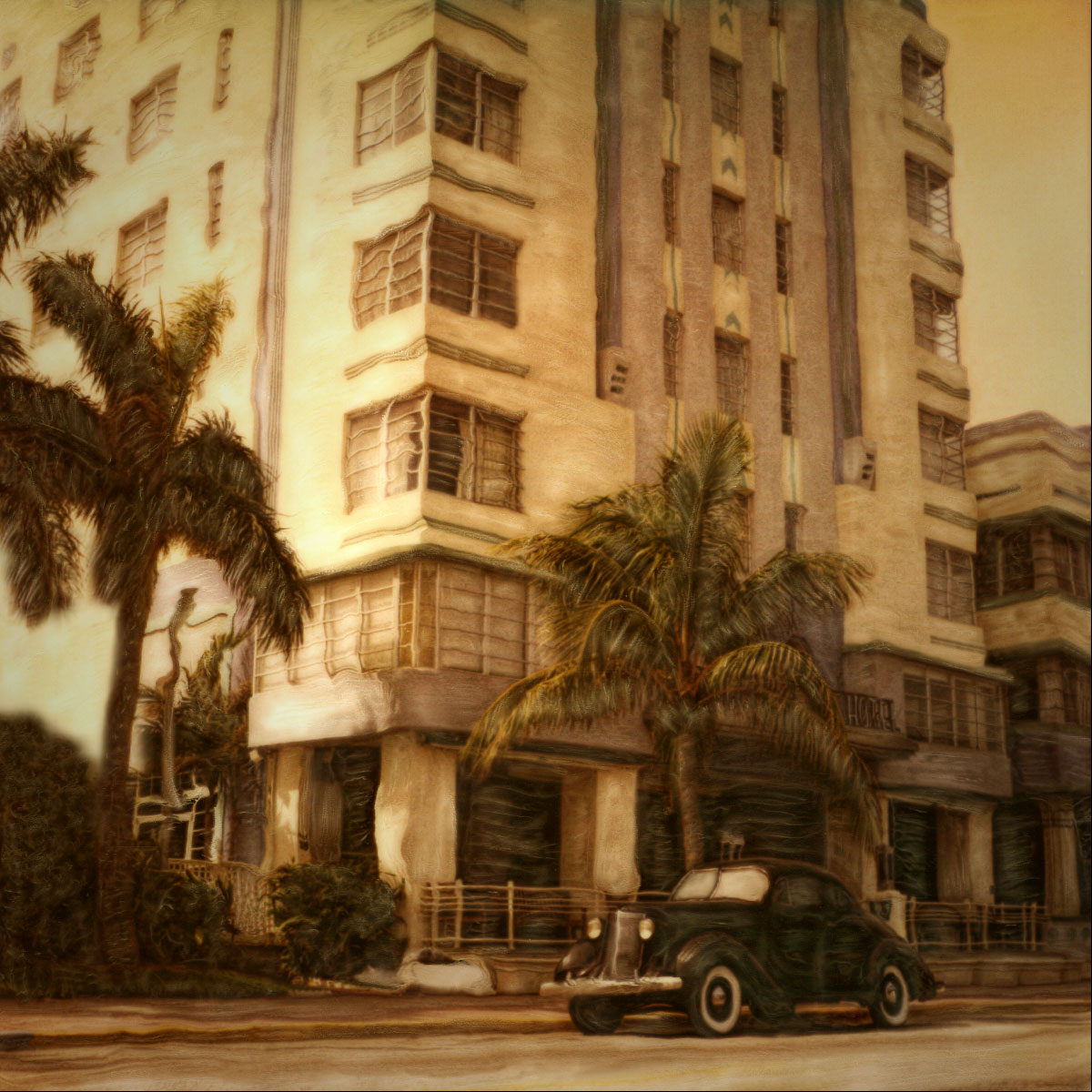 "Park Central Hotel" <br>Art Deco Hotel with Palms and 1935 Nash Auto, Miami Beach, FL