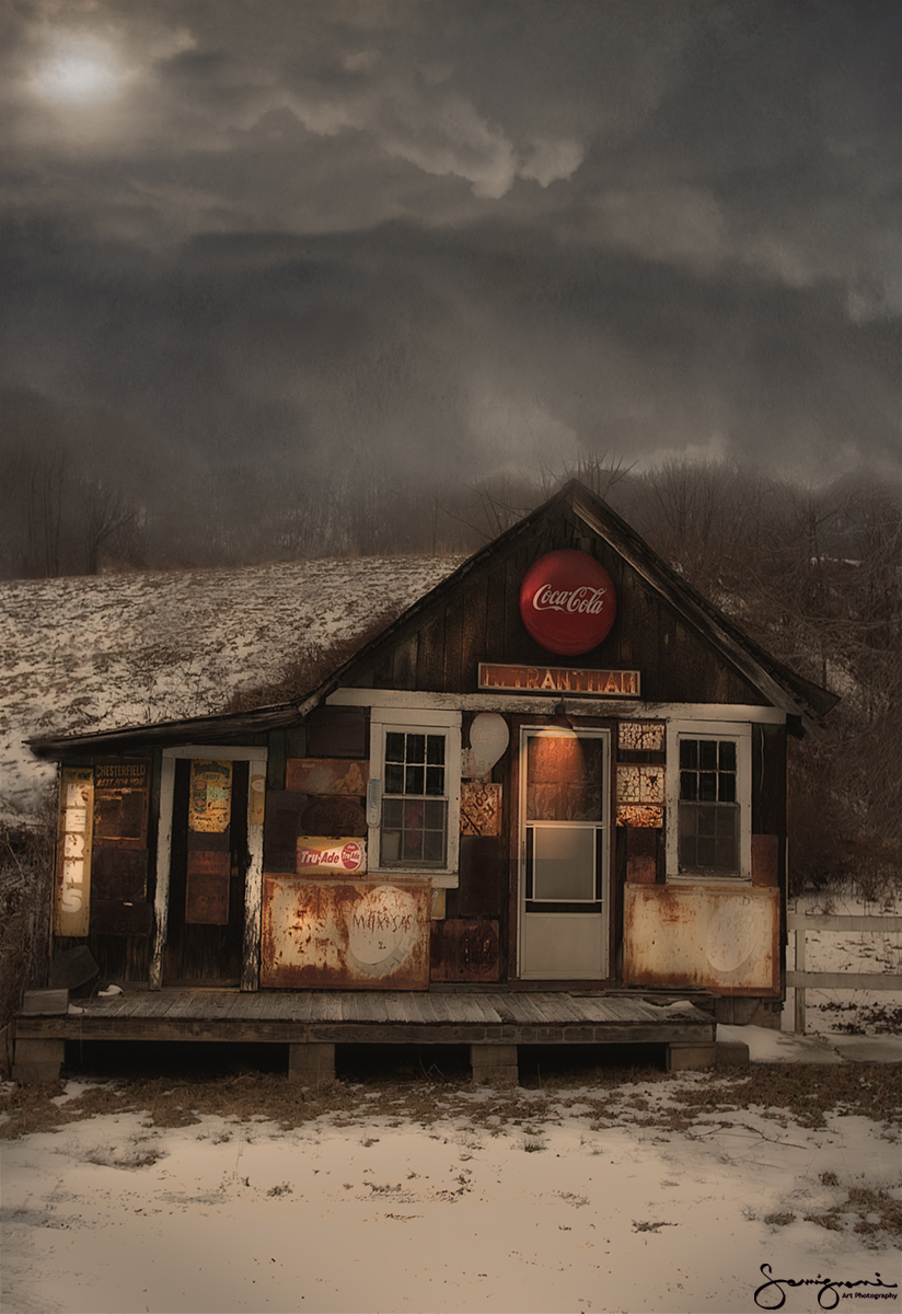 Old Store with Metal Signs in  Snow
